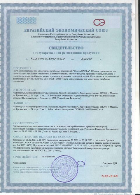 Свидетельство о государственной регистрации: СантехПаста, первая страница
